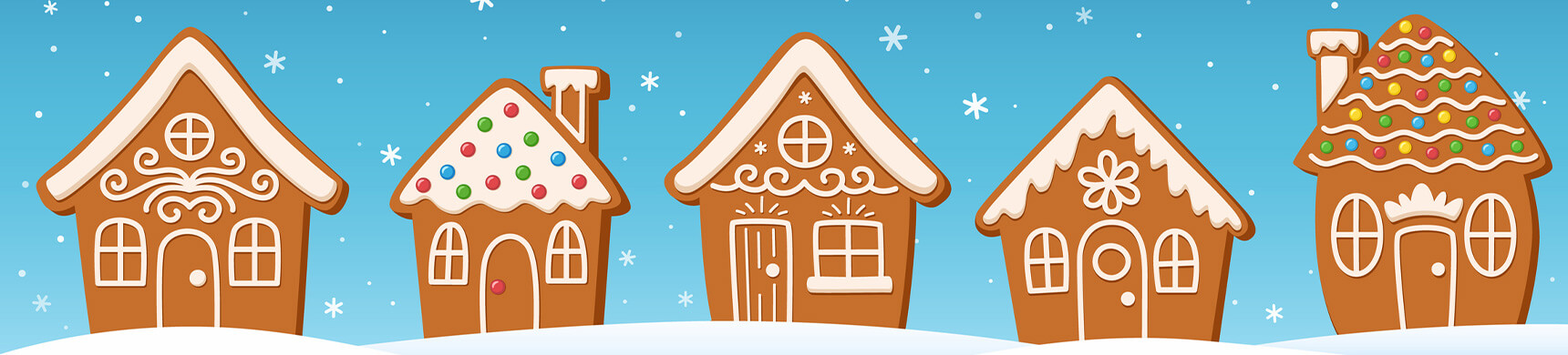 5 Gingerbread houses in a row on snow