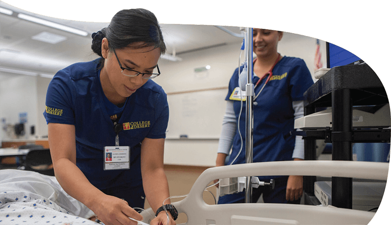 College of the Desert nursing student practicing patient care skills in a clinical training lab.