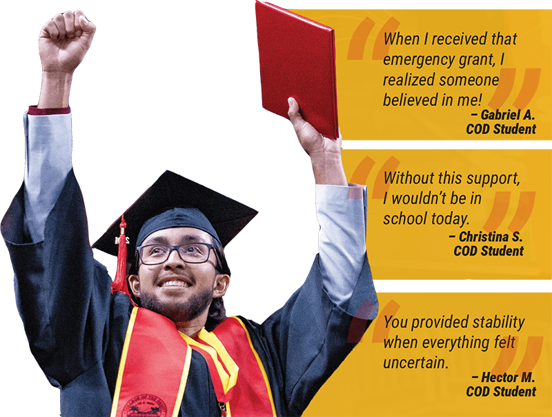 College of the Desert graduate with testimonials from students who received emergency support.